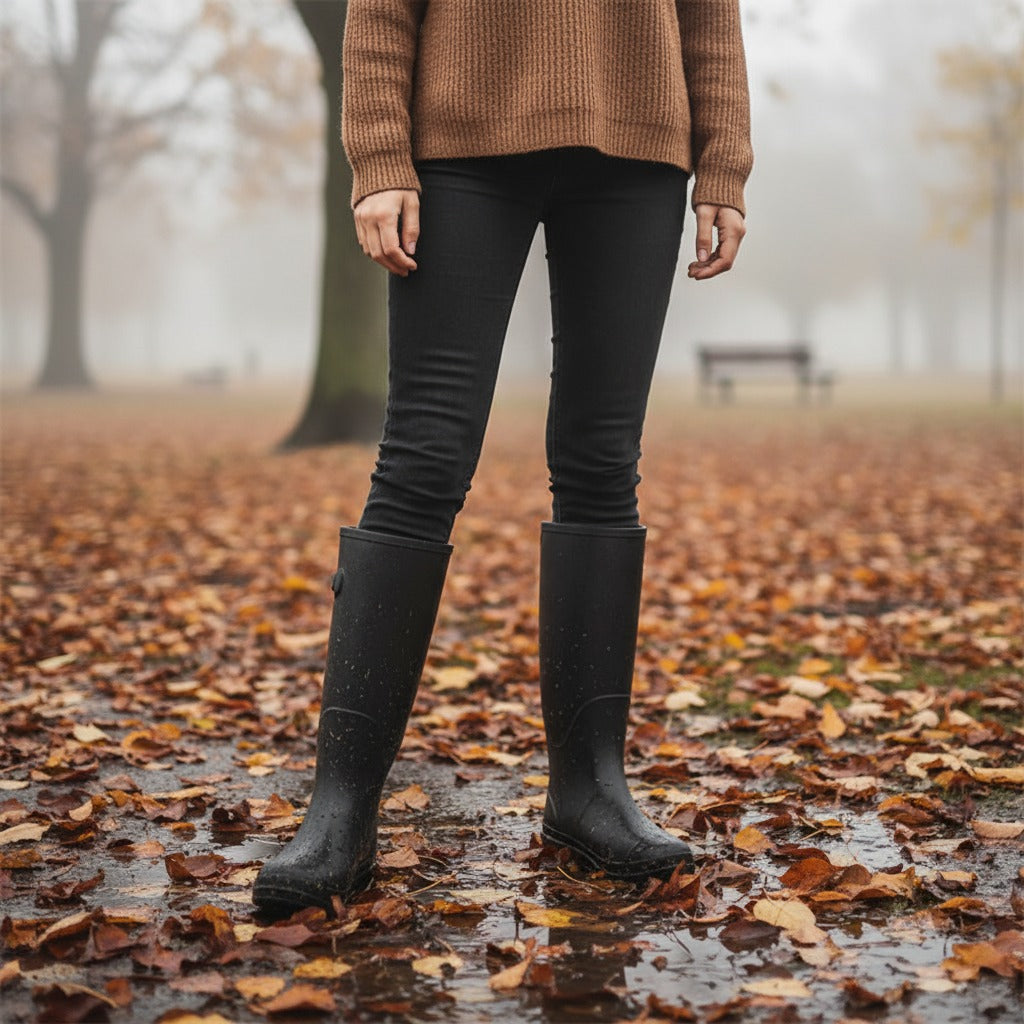 Hoge matte regenlaarzen in zwart, gedragen op een nat herfstpad