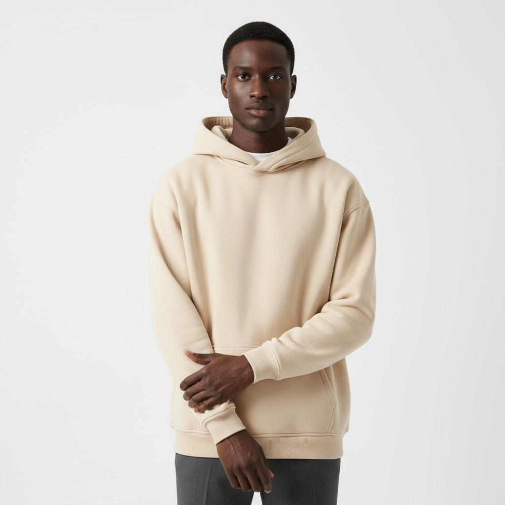 Heavyweight hoodie voor heren in beige, gedragen, voorkant