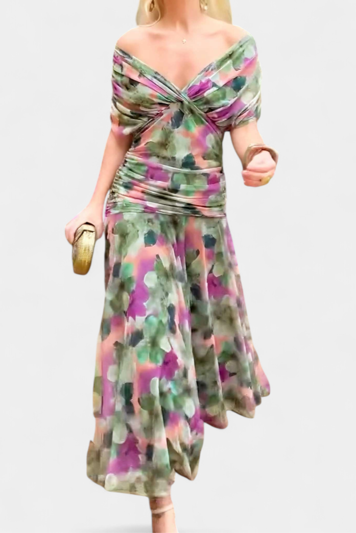 Maxi Jurk Dames | Bloemenprint | Off Shoulder | Gedrapeerde Taille-Boutique Moda