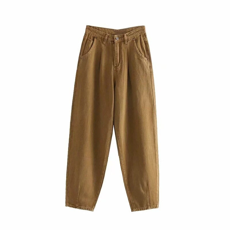 Karamelkleurige barrel jeans, voorkant