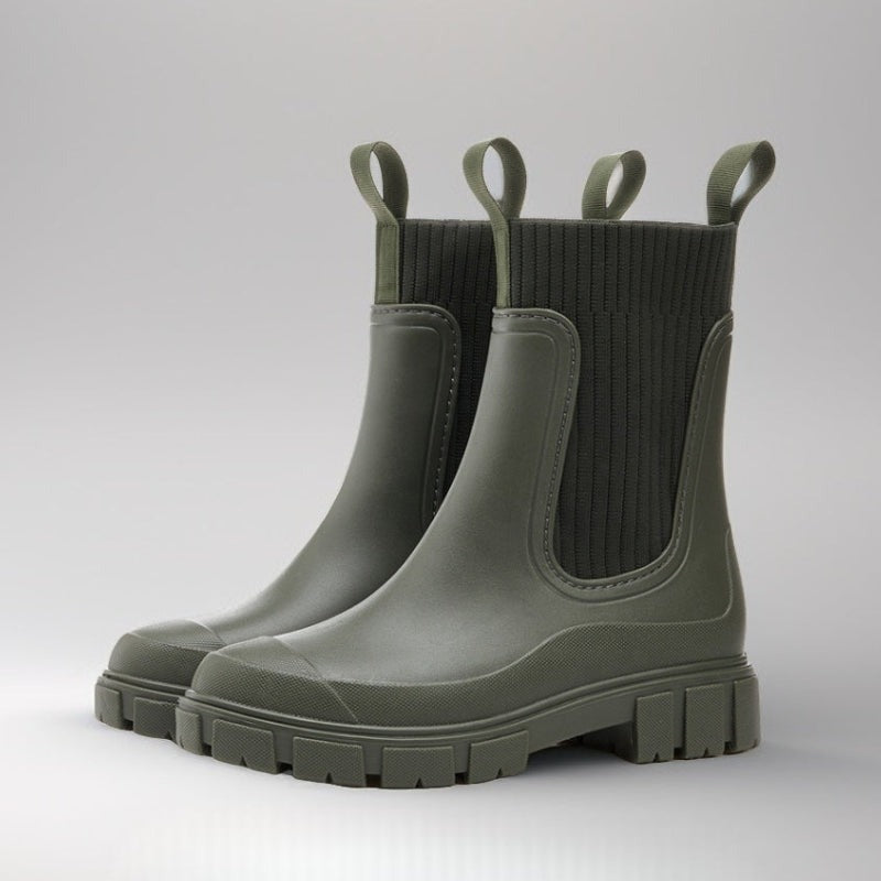 Halfhoge regenlaarzen met gebreide sokschacht in olijfgroen, productfoto