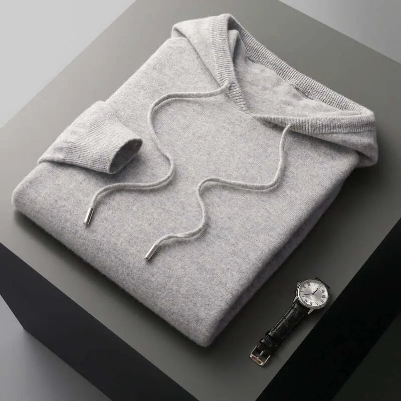 Gebreide hoodie voor heren in lichtgrijs, opgevouwen