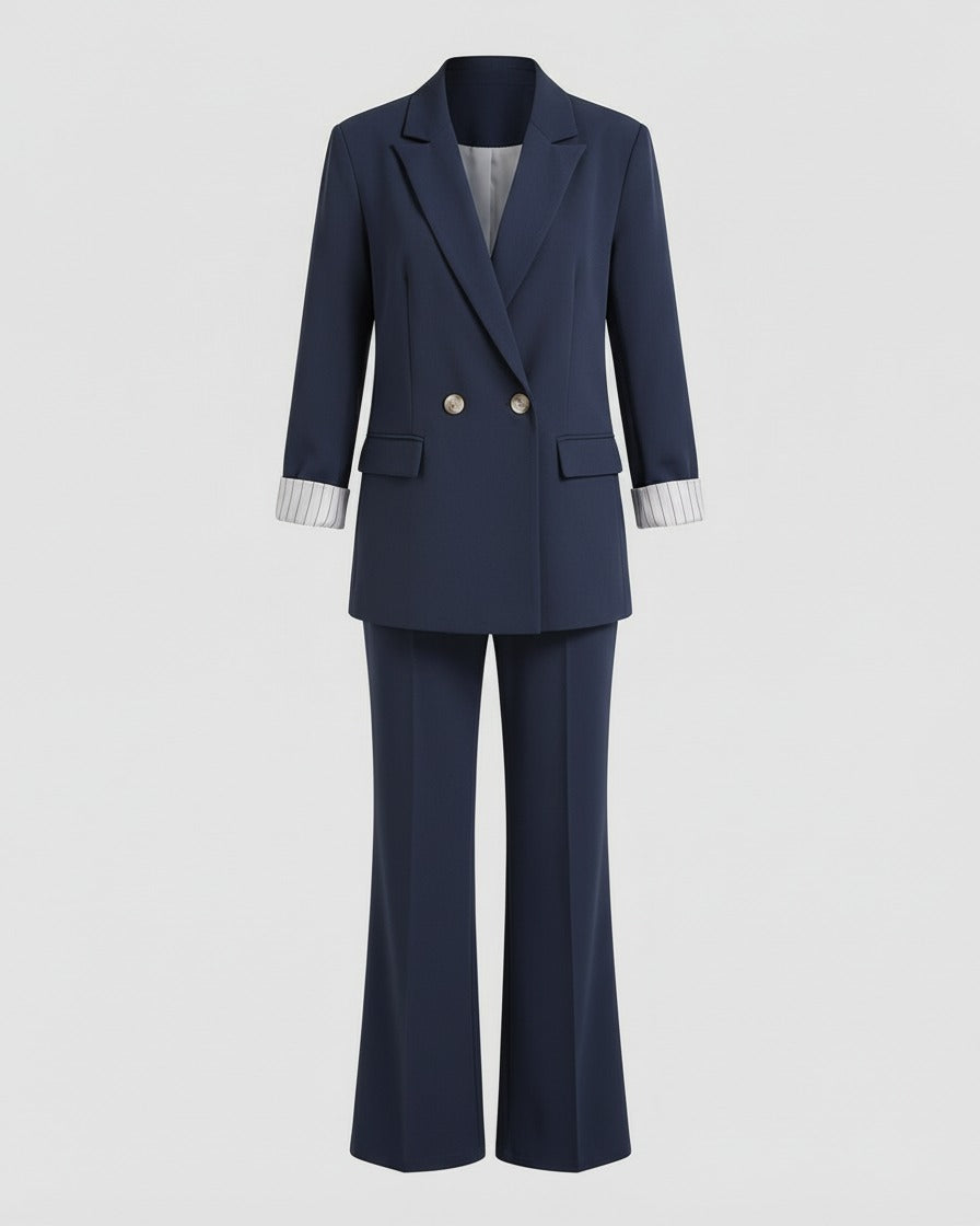 Tweedelig pak met getailleerde blazer en wijde broek in marineblauw, blazer en broek zonder model