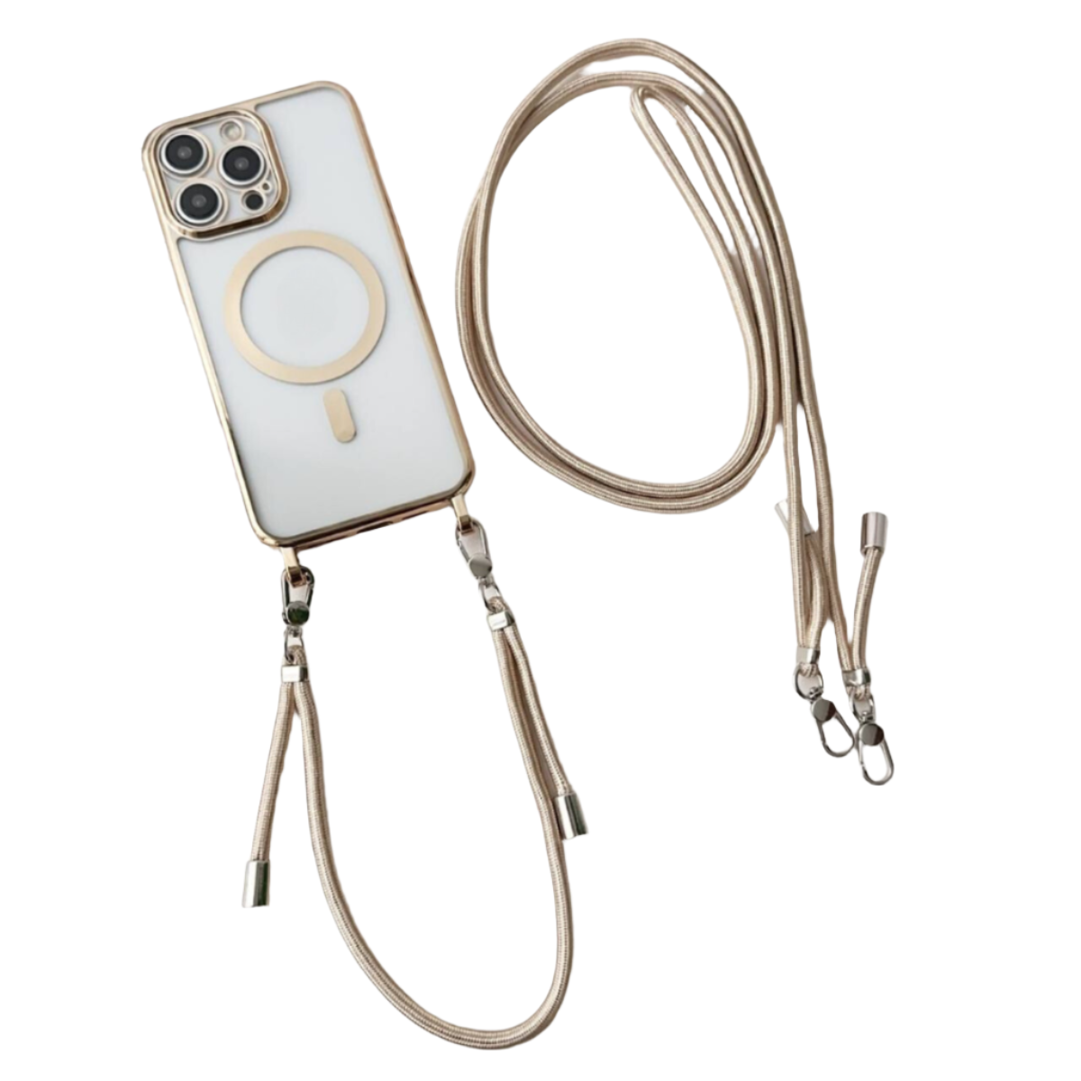 Transparant telefoonhoesje met gouden koord en camerabescherming, plat neergelegd | Boutique Moda