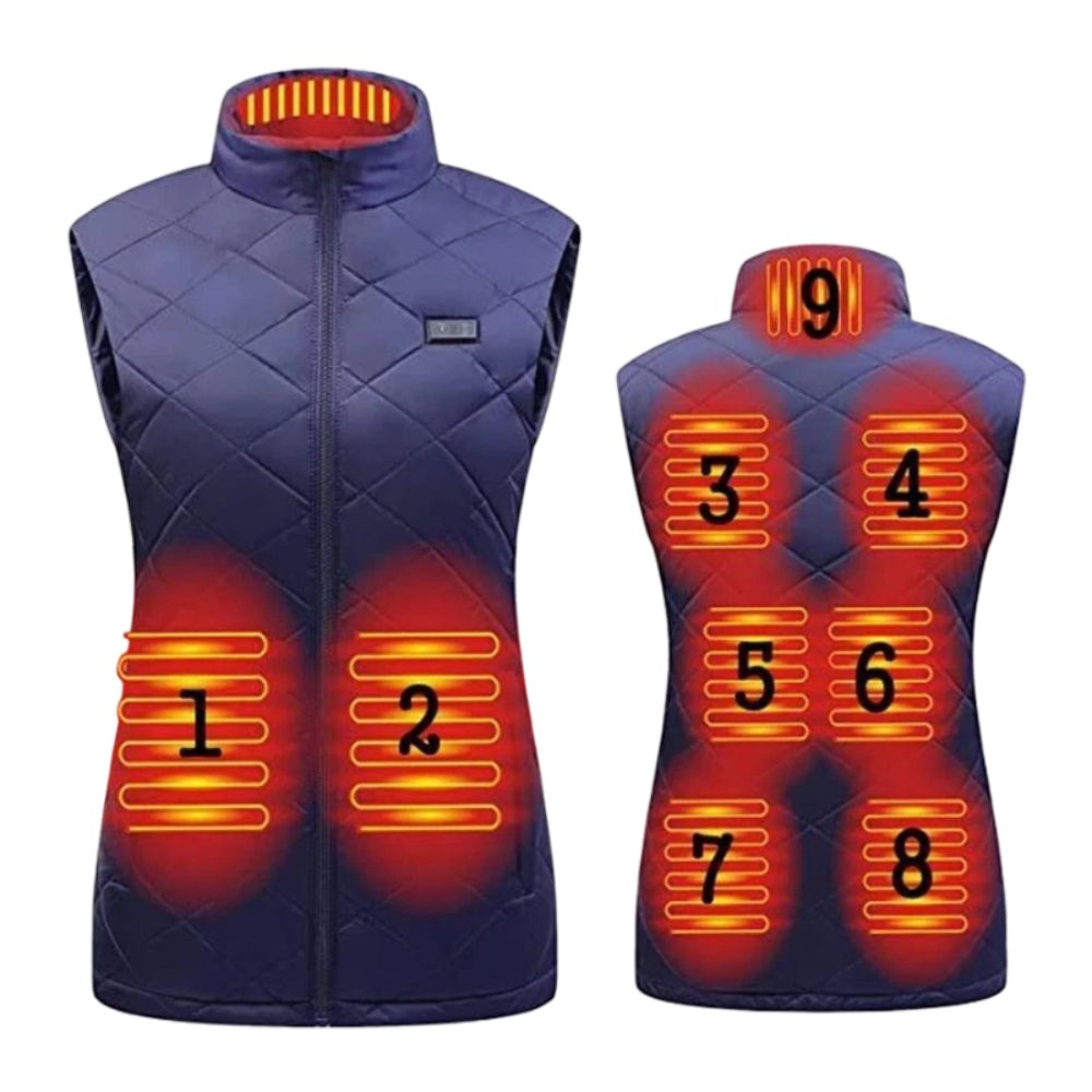 Marineblauwe verwarmde bodywarmer met 9 genummerde warmtezones