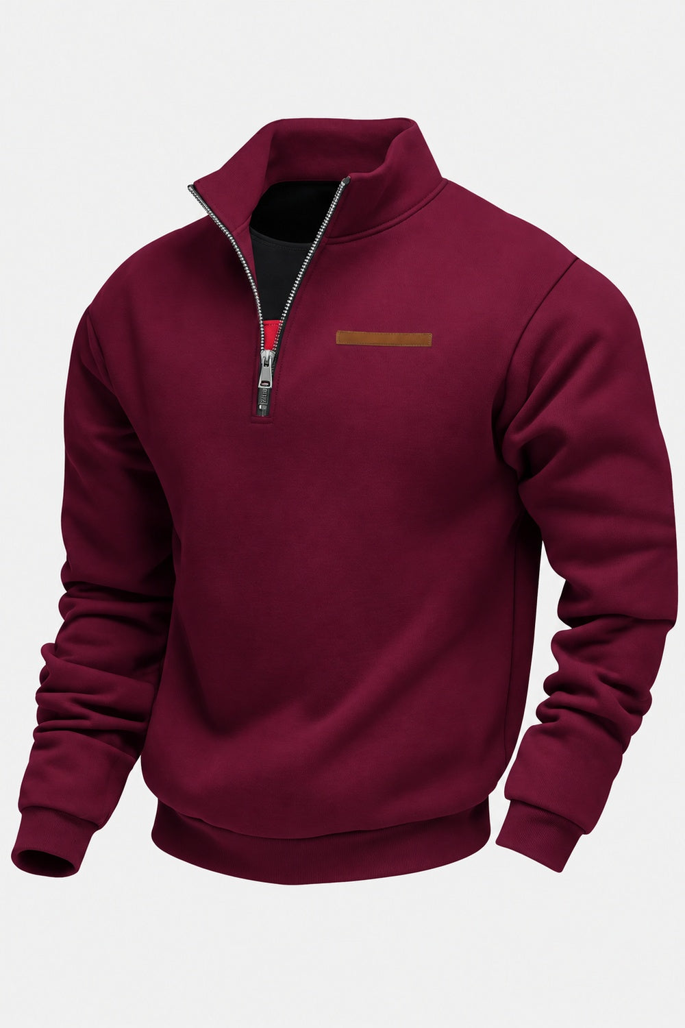 Bordeauxrode sweater met rode streep langs de rits, productfoto | Boutique Moda