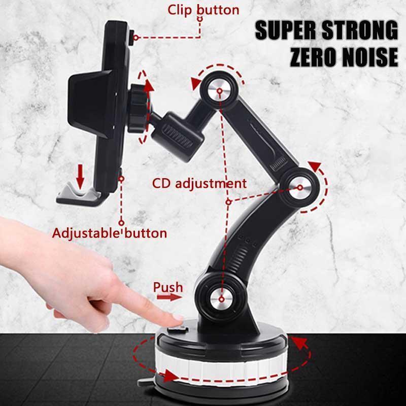 Zwarte telefoonhouder met zuignap, verstelbare arm, vinger drukt op knop | Boutique Moda