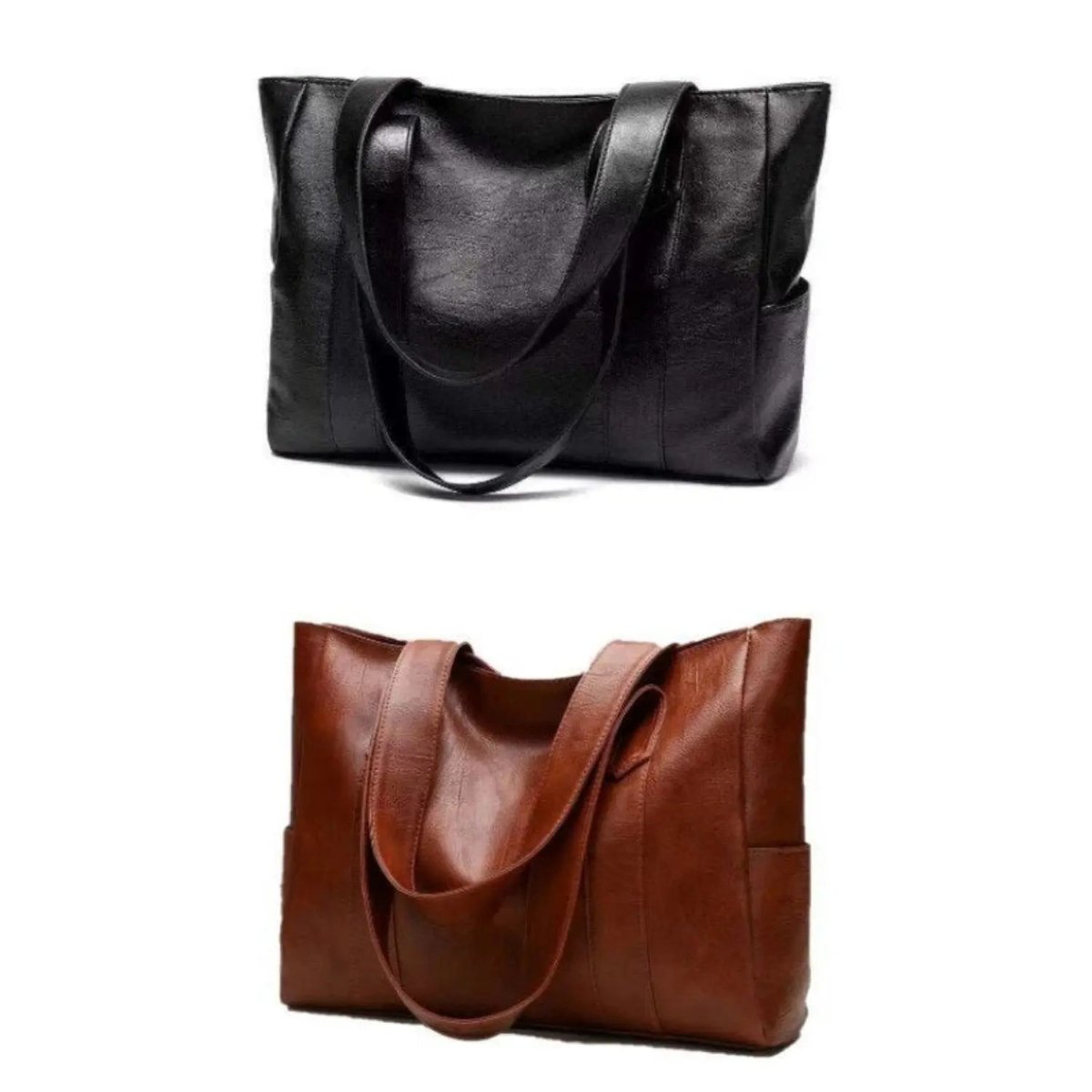 Zwarte en bruine leren schoudertassen met hengsels, los liggend zonder model | Boutique Moda
