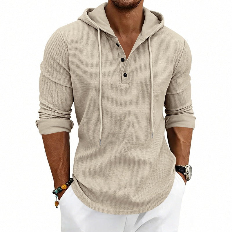 Henleyhoodie met wafelstructuur voor heren in beige, gedragen, voorkant