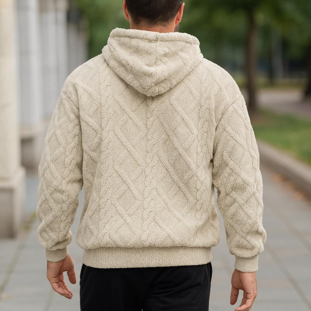 Teddyhoodie met ruitpatroon voor heren in beige, gedragen, achterkant