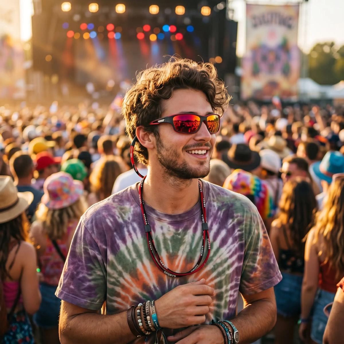 Lachende man met gespiegelde zonnebril en kraal ketting op festival | Boutique Moda