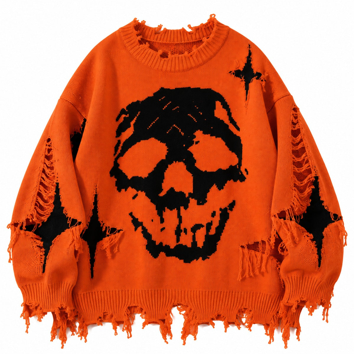 Oversized distressed trui met skullmotief in oranje, plat neergelegd