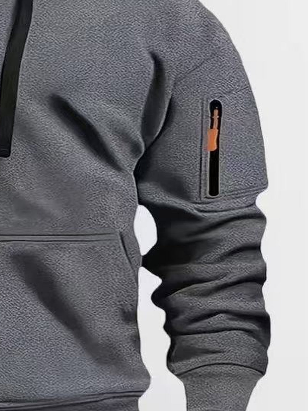 Sweatvest met capuchon en mouwzak voor heren in donkergrijs, close-up van de mouwzak met rits