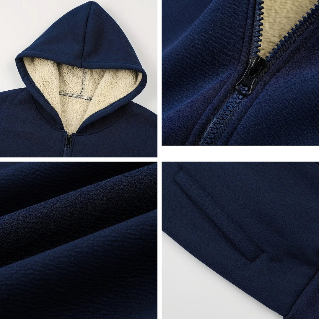 Gevoerde hoodie met rits voor heren in marineblauw, close-ups van de gevoerde capuchon, de rits, de stof en een zak