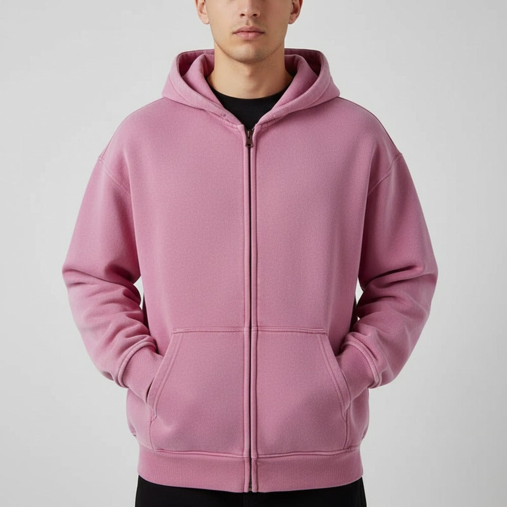 Washed hoodie met rits voor heren in roze, gedragen, voorkant