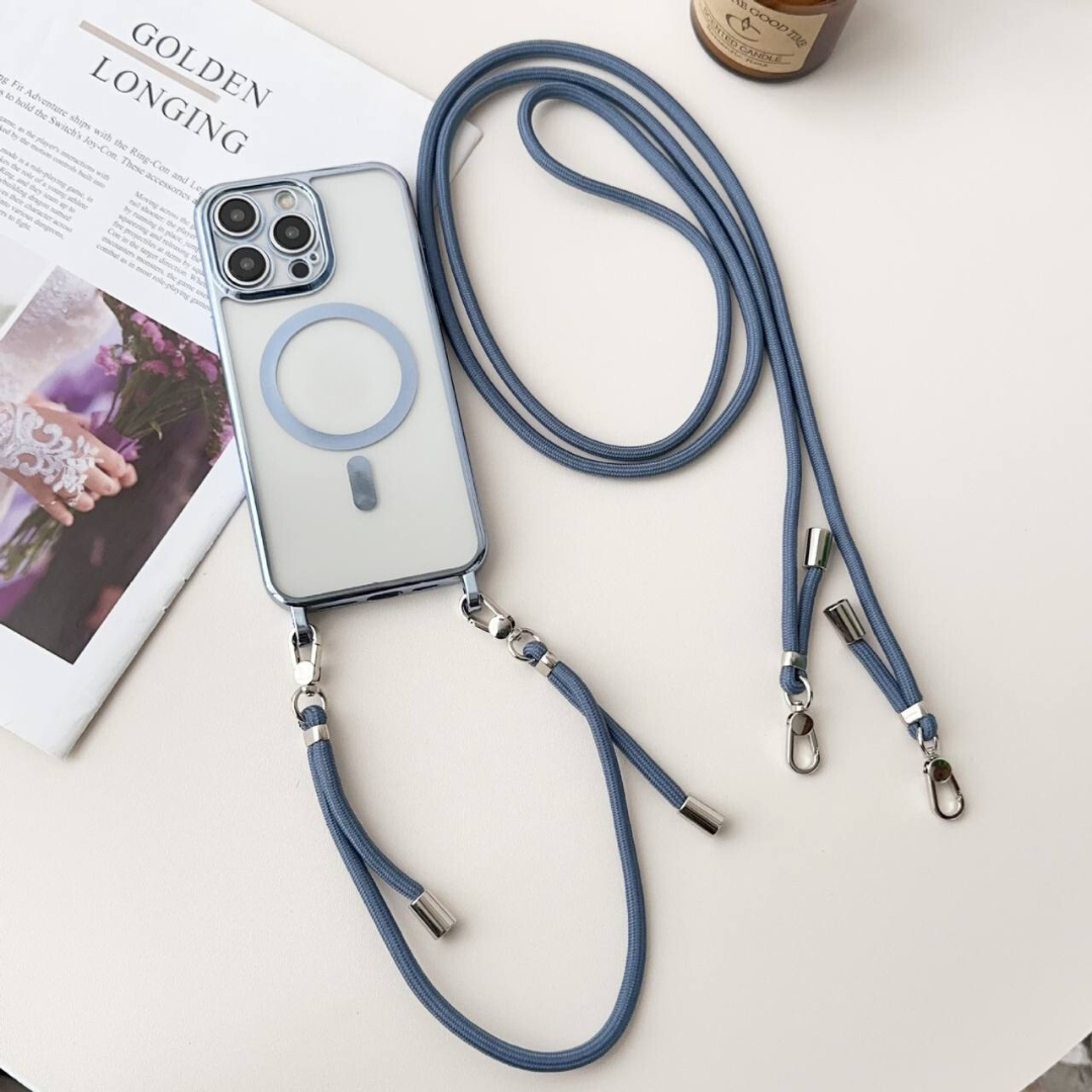 Transparant telefoonhoesje met magneetring en blauw koord, plat neergelegd | Boutique Moda