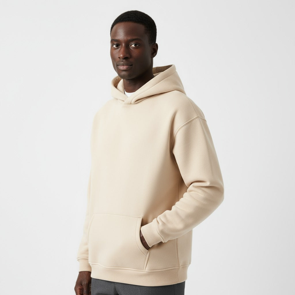 Heavyweight hoodie voor heren in beige, gedragen, voorkant
