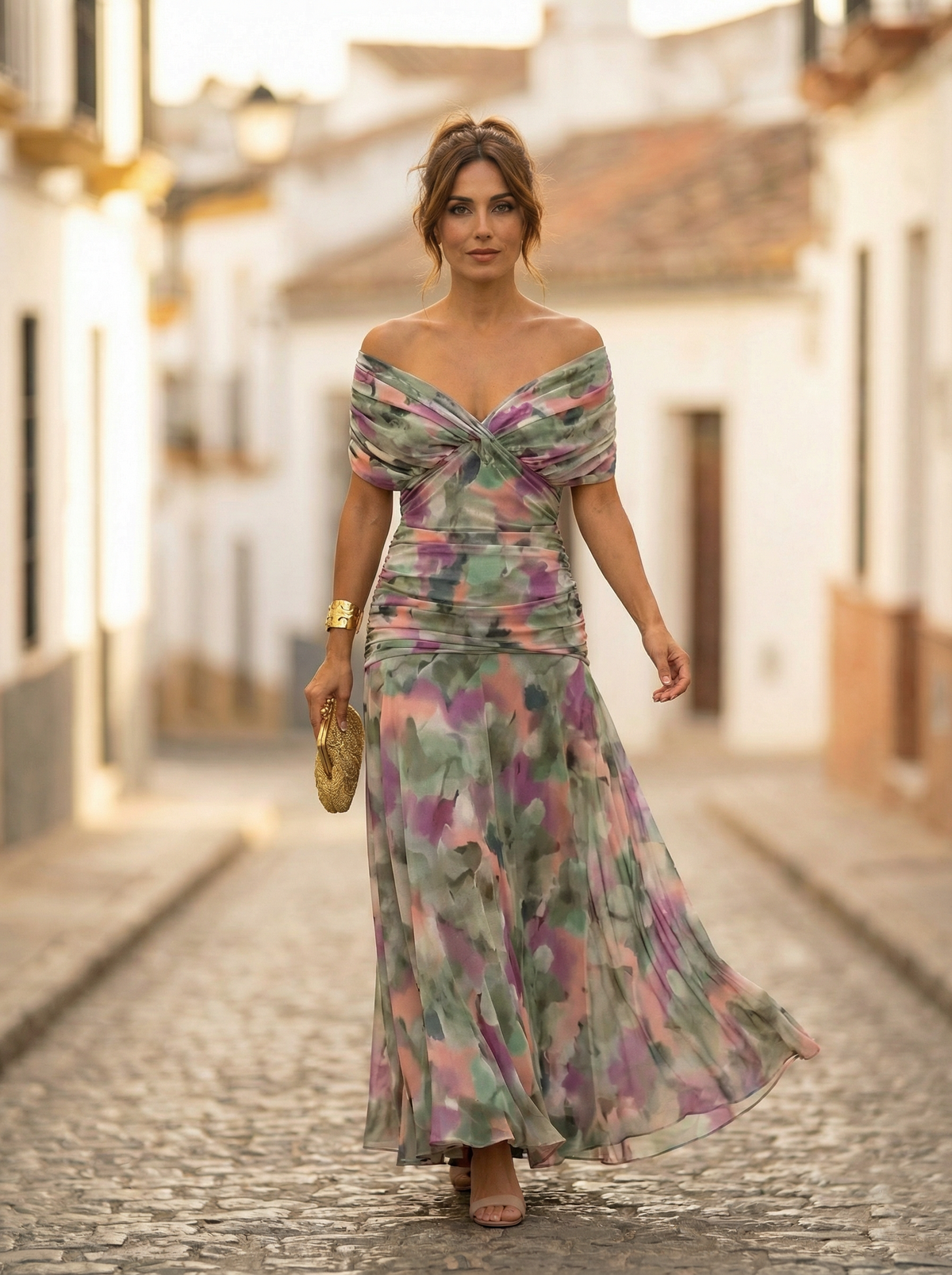 Maxi Jurk Dames | Bloemenprint | Off Shoulder | Gedrapeerde Taille-Boutique Moda
