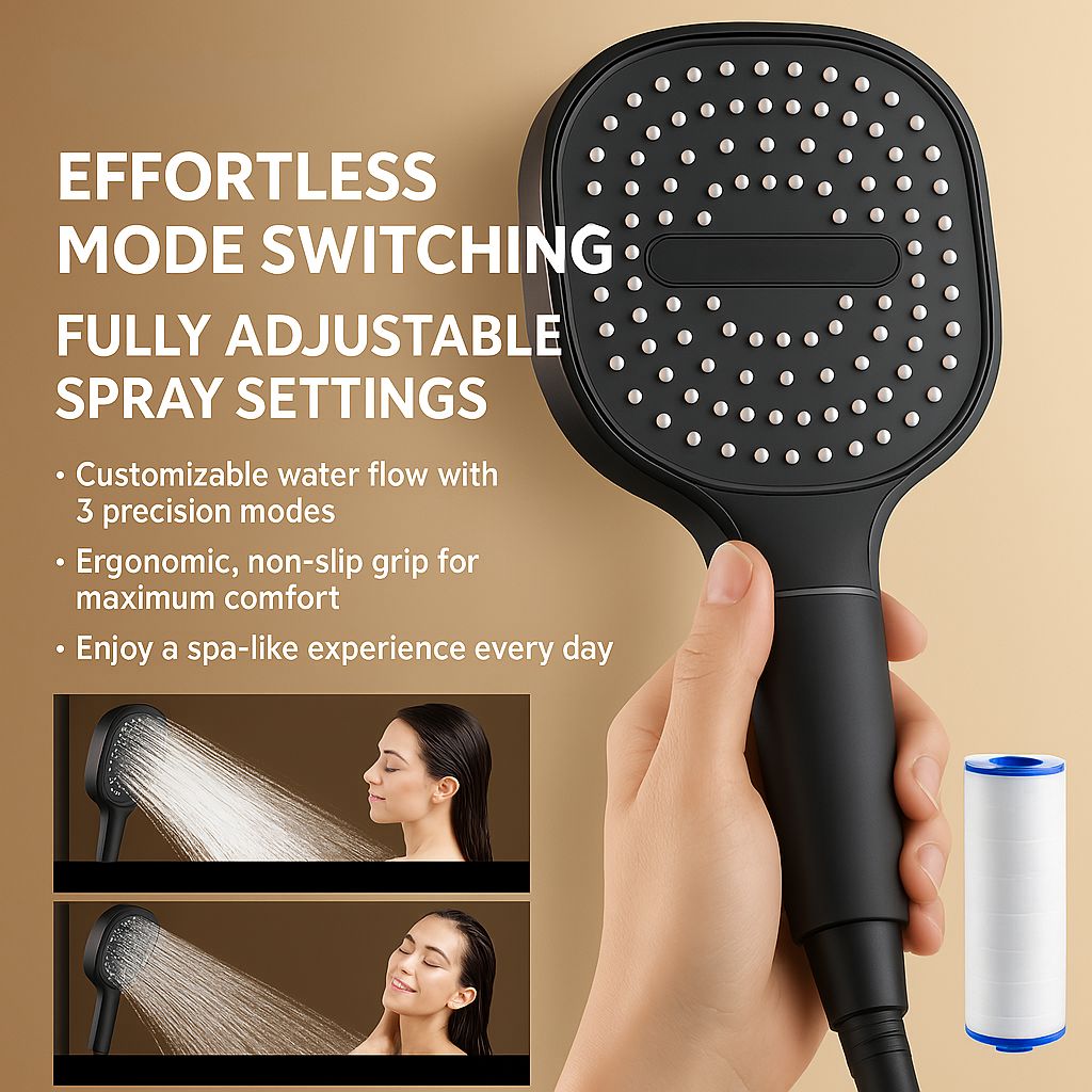 Zwarte handdouche vastgehouden door hand, met waterstralen op vrouw getoond | Boutique Moda