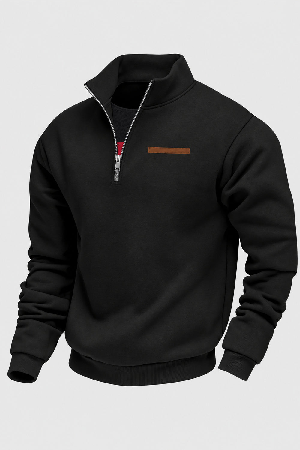 Zwarte sweater met bruin lipje in leerlook, productfoto | Boutique Moda