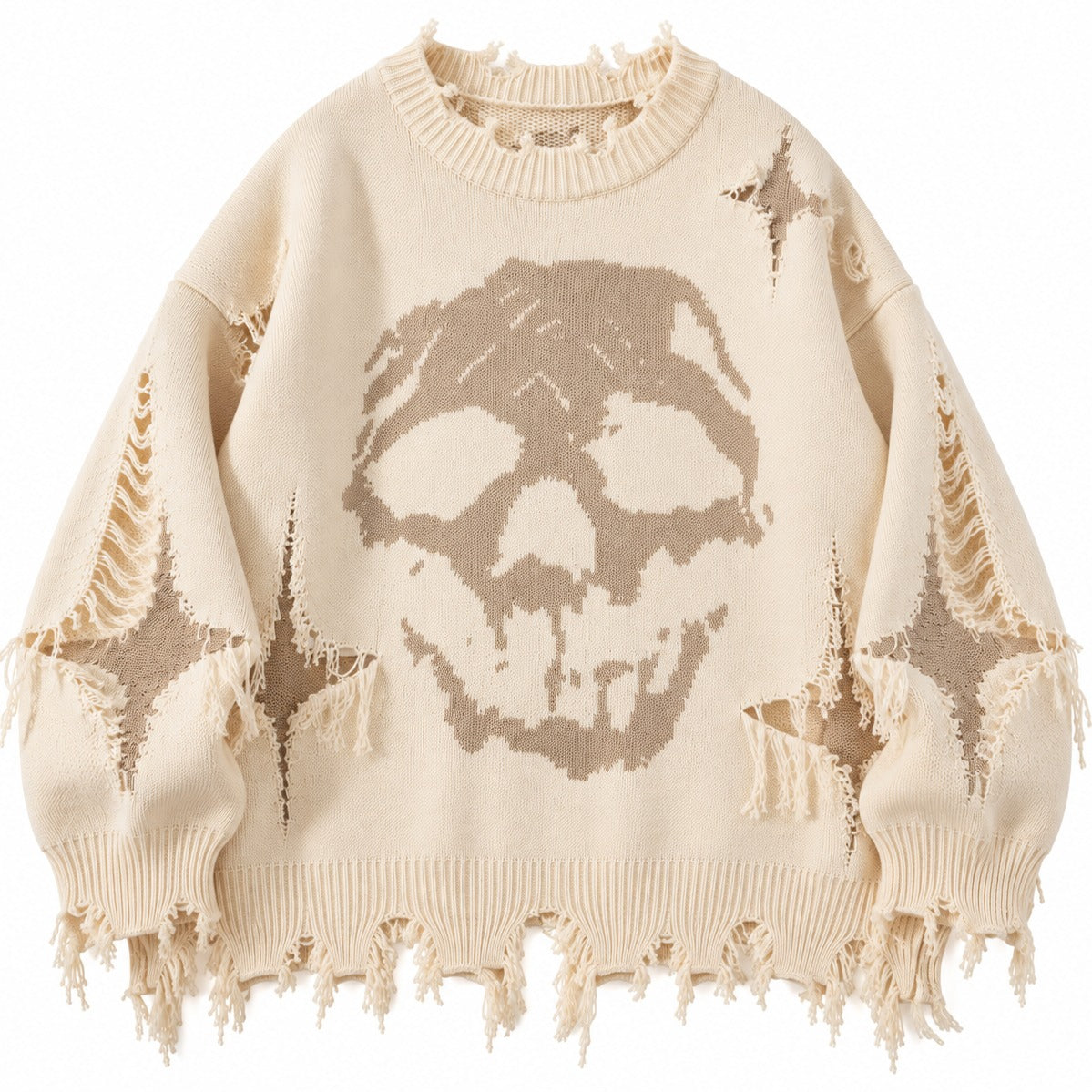 Oversized distressed trui met skullmotief in beige, plat neergelegd