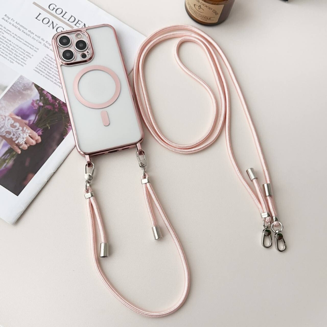 Transparant telefoonhoesje met magnetische cirkel en roze koord, plat neergelegd | Boutique Moda