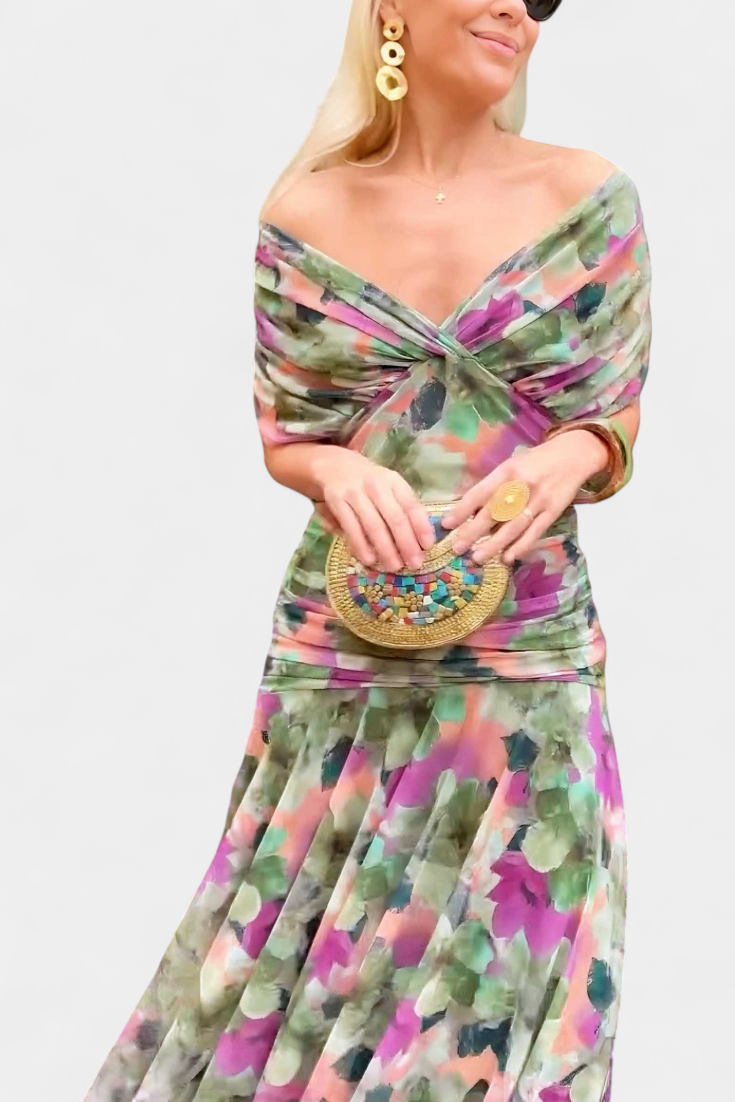 Maxi Jurk Dames | Bloemenprint | Off Shoulder | Gedrapeerde Taille-Boutique Moda