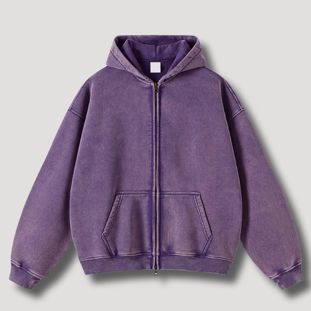 Washed hoodie met rits voor heren in paars, voorkant