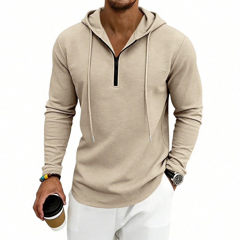 Hoodie met korte rits en wafelstructuur voor heren in beige, gedragen, voorkant