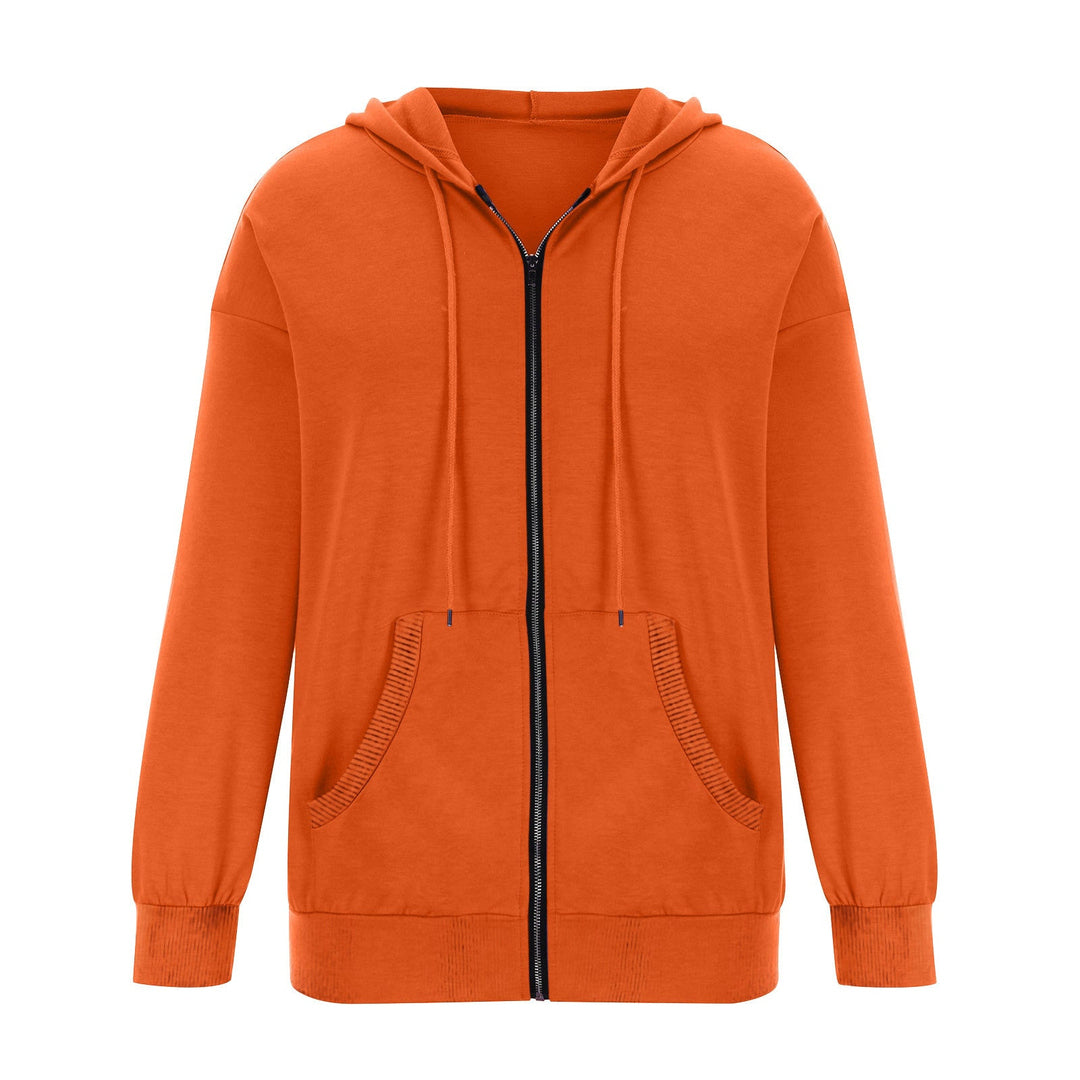 Oranje sweatvest los gefotografeerd, vooraanzicht met kangoeroezakken en geribde randen | Boutique Moda