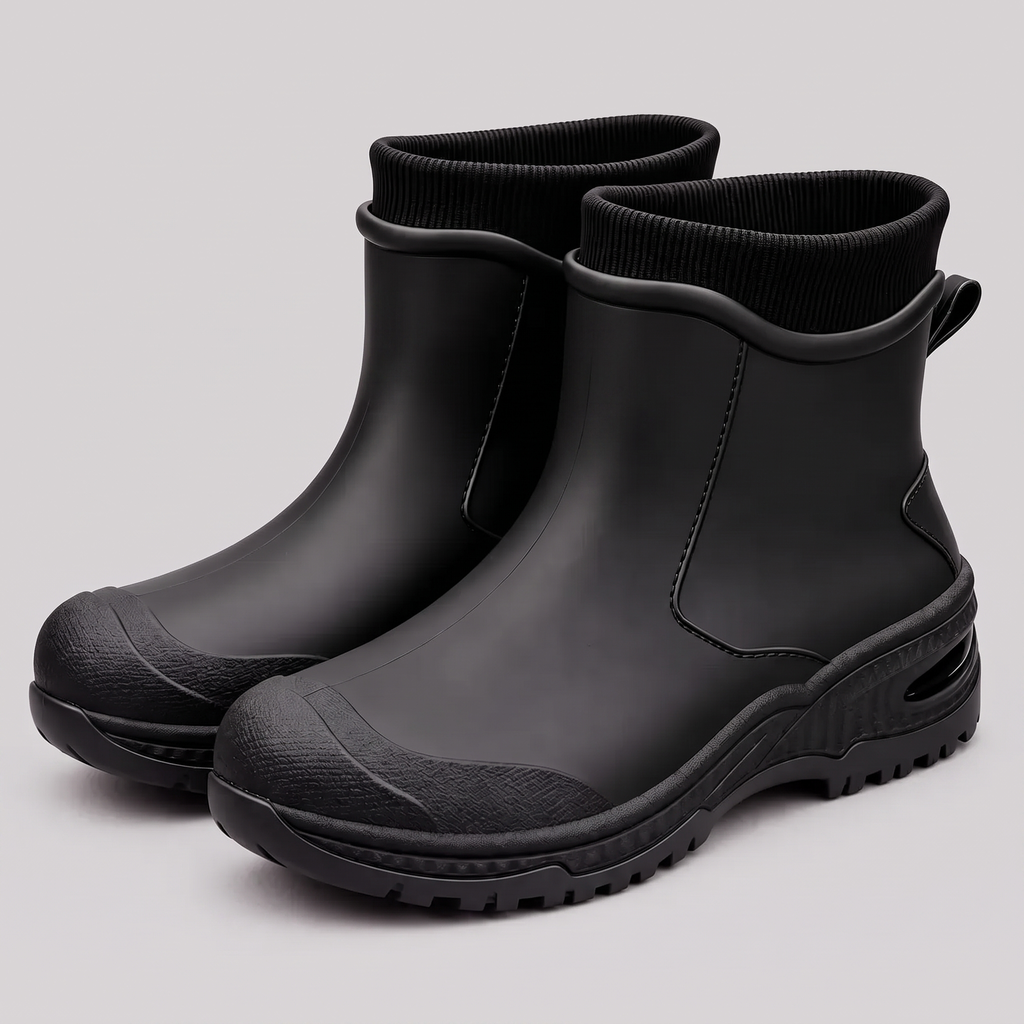 Zwarte enkelhoge regenlaarzen met profielzool, vrijstaand zonder model getoond | Boutique Moda