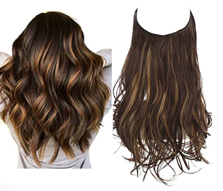 Golvende halo hairextensions in bruin met highlights, gedragen en los getoond | Boutique Moda