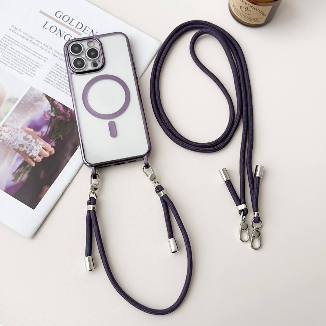 Transparant telefoonhoesje met magnetische ring en paarse koorden, plat gefotografeerd | Boutique Moda