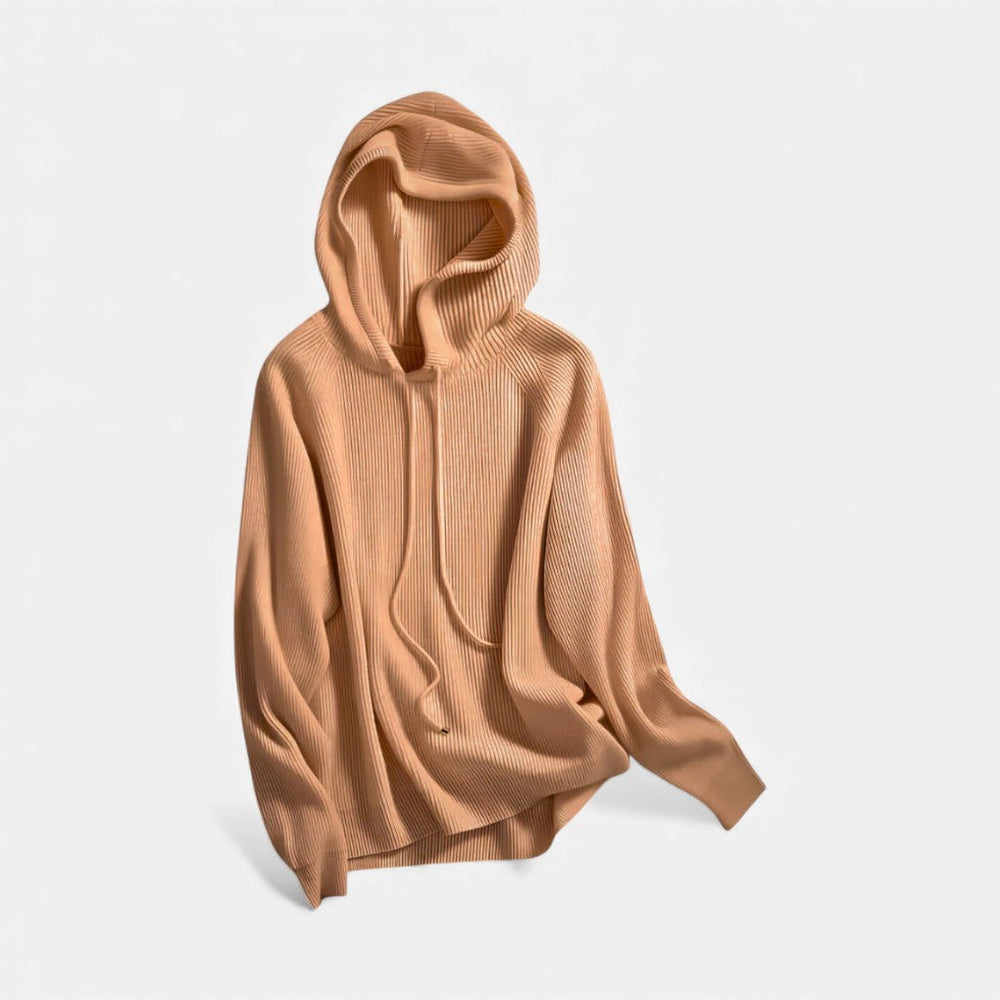 Camelkleurige hoodie plat neergelegd, met capuchon en koord | Boutique Moda