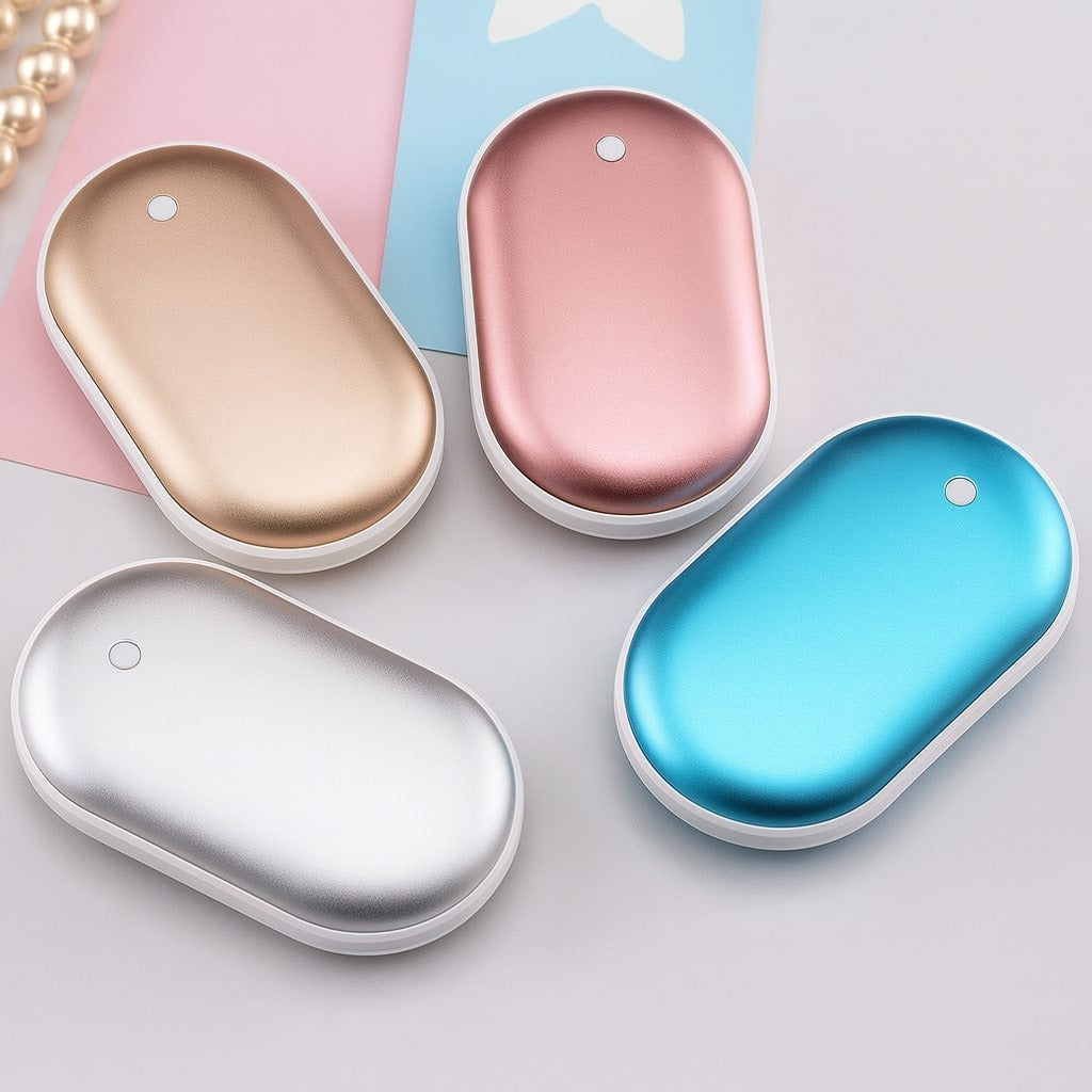 Oplaadbare handwarmers in zilver, goud, roségoud en blauw