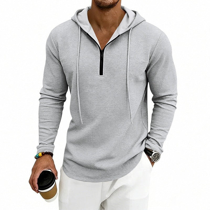 Hoodie met korte rits en wafelstructuur voor heren in lichtgrijs, gedragen, voorkant