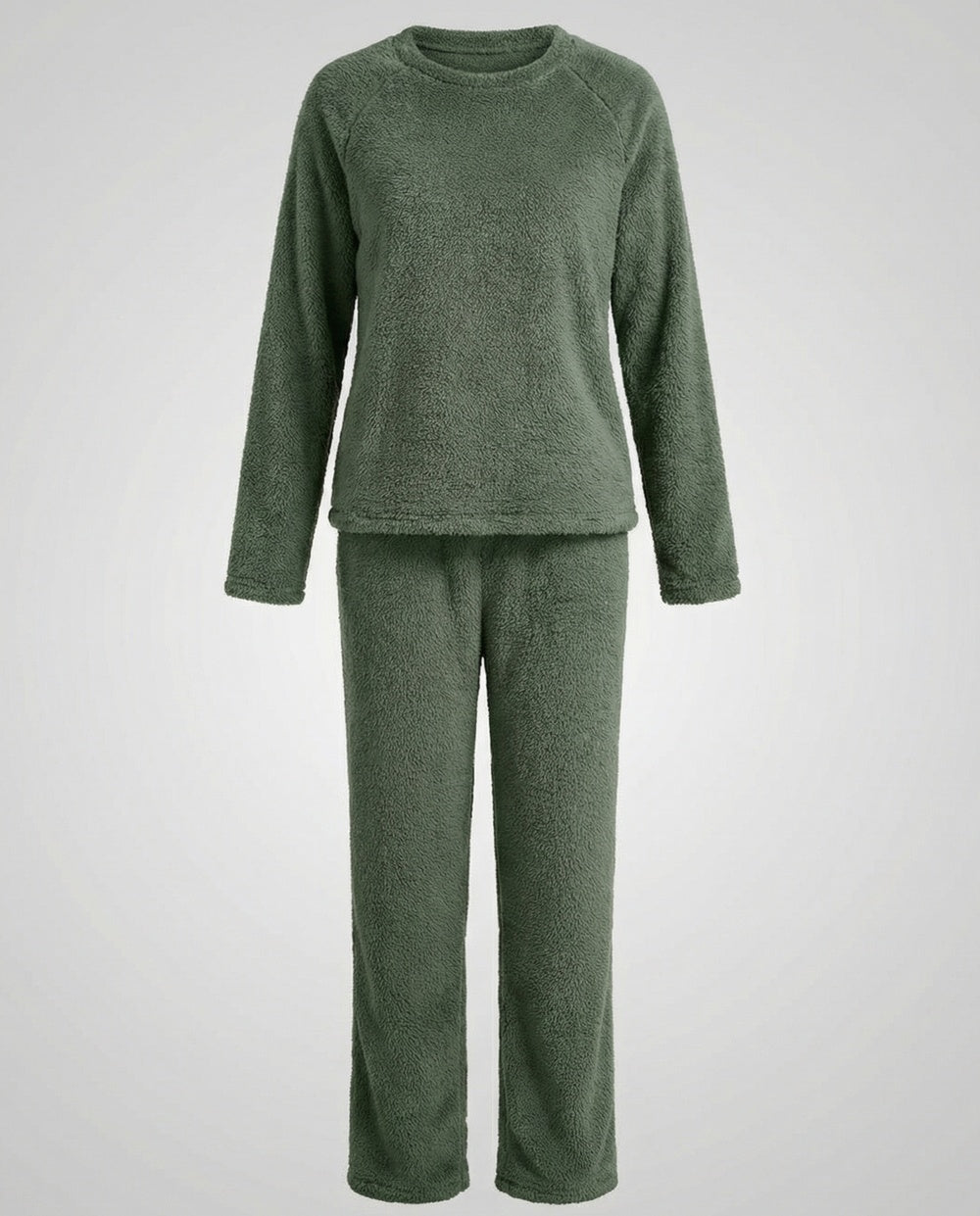 Donzige fleece pyjama in olijfgroen, vooraanzicht
