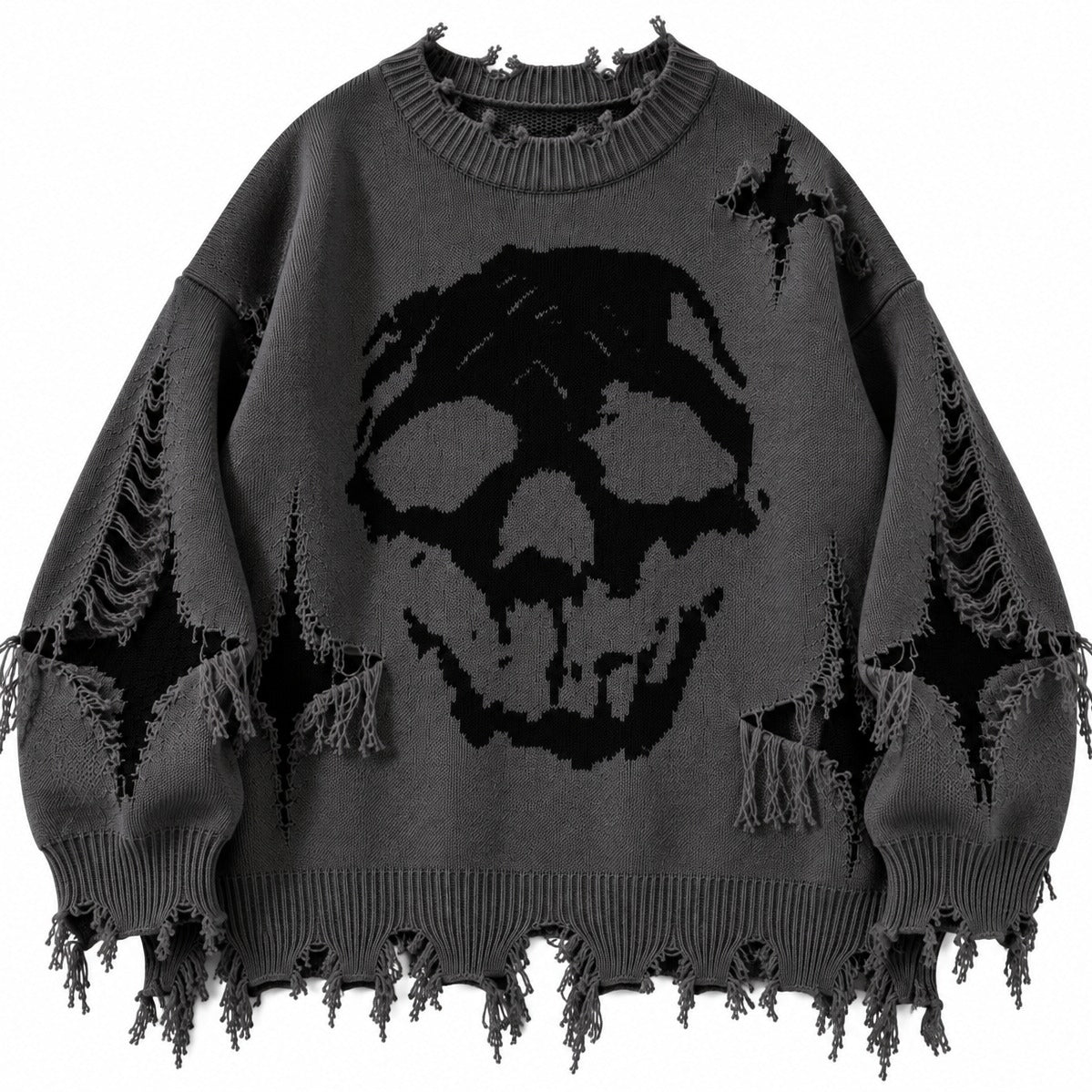 Oversized distressed trui met skullmotief in grijs, plat neergelegd
