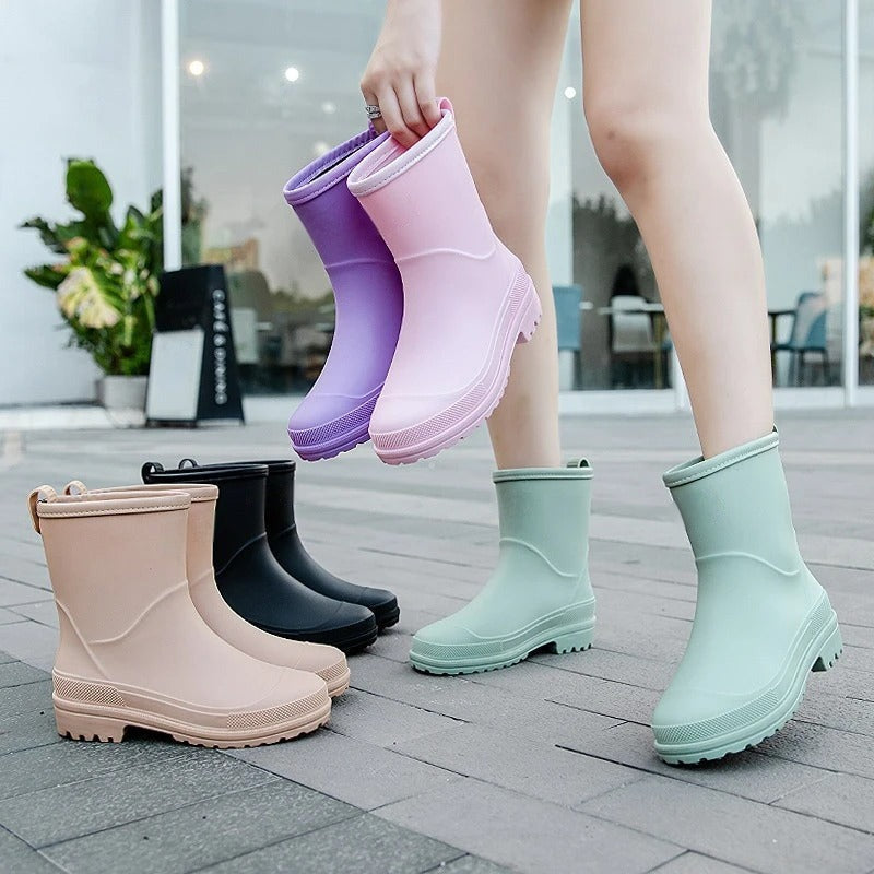 Lage matte regenlaarzen in verschillende kleuren, gedragen op straat