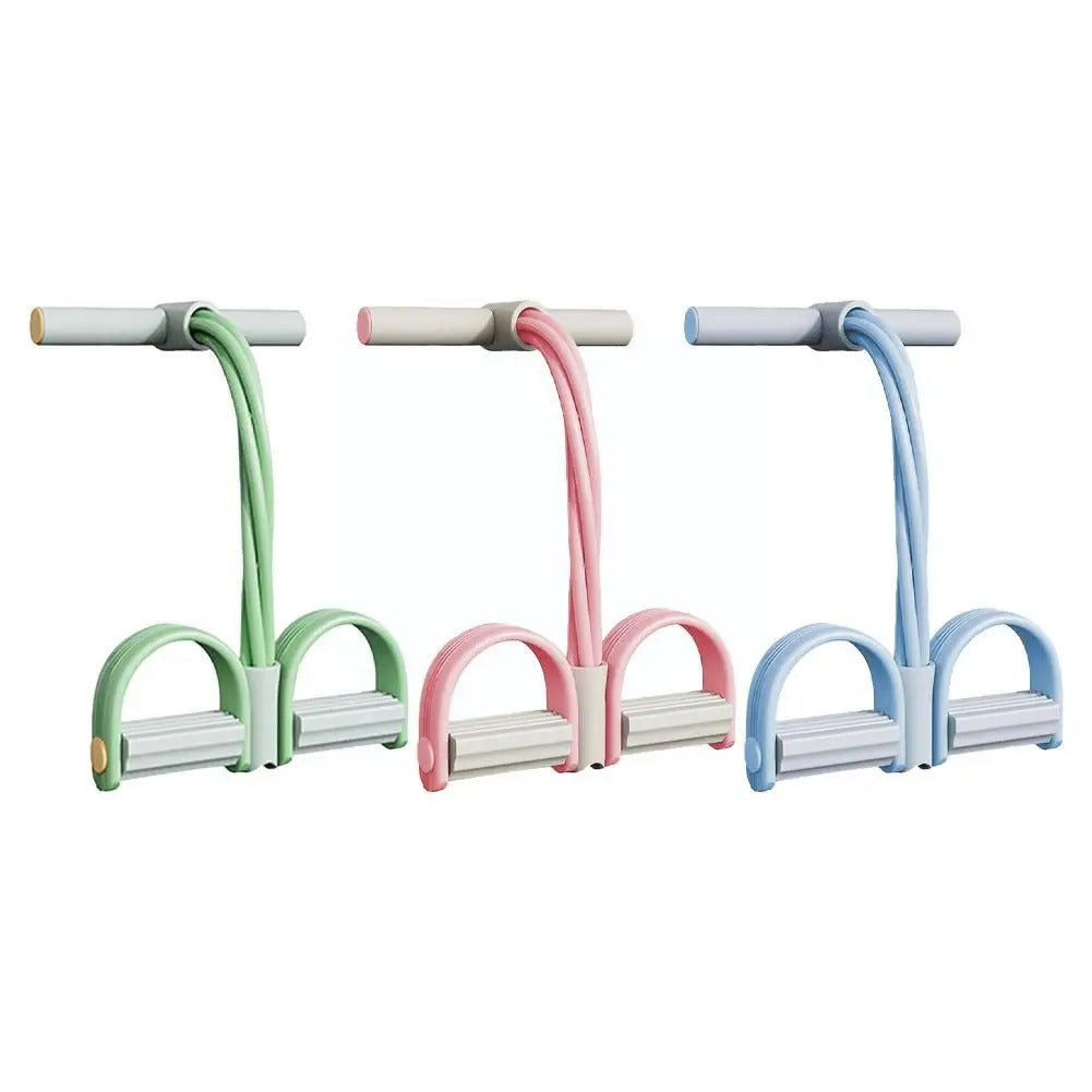 Drie weerstandsbanden met voetpedalen in groen, roze en blauw, plat weergegeven | Boutique Moda