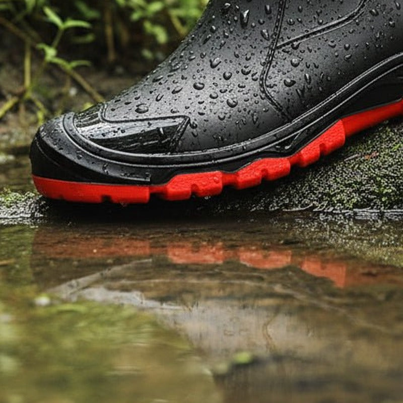 Waterdichte enkellaarsjes in zwart/rood, close-up van de zool