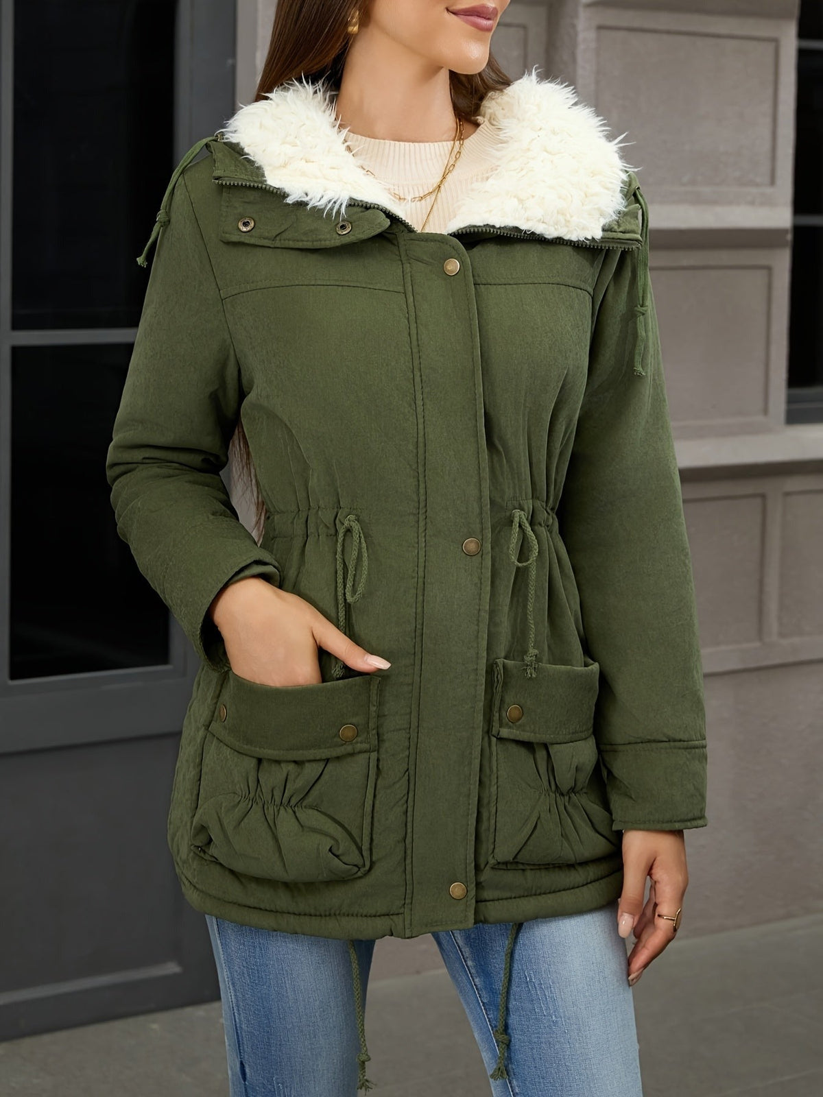Olijfgroene parka, gesloten gedragen, hand in de klepzak