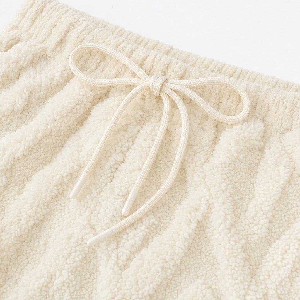 Trekkoord in de taille van de crèmekleurige joggingbroek, close-up
