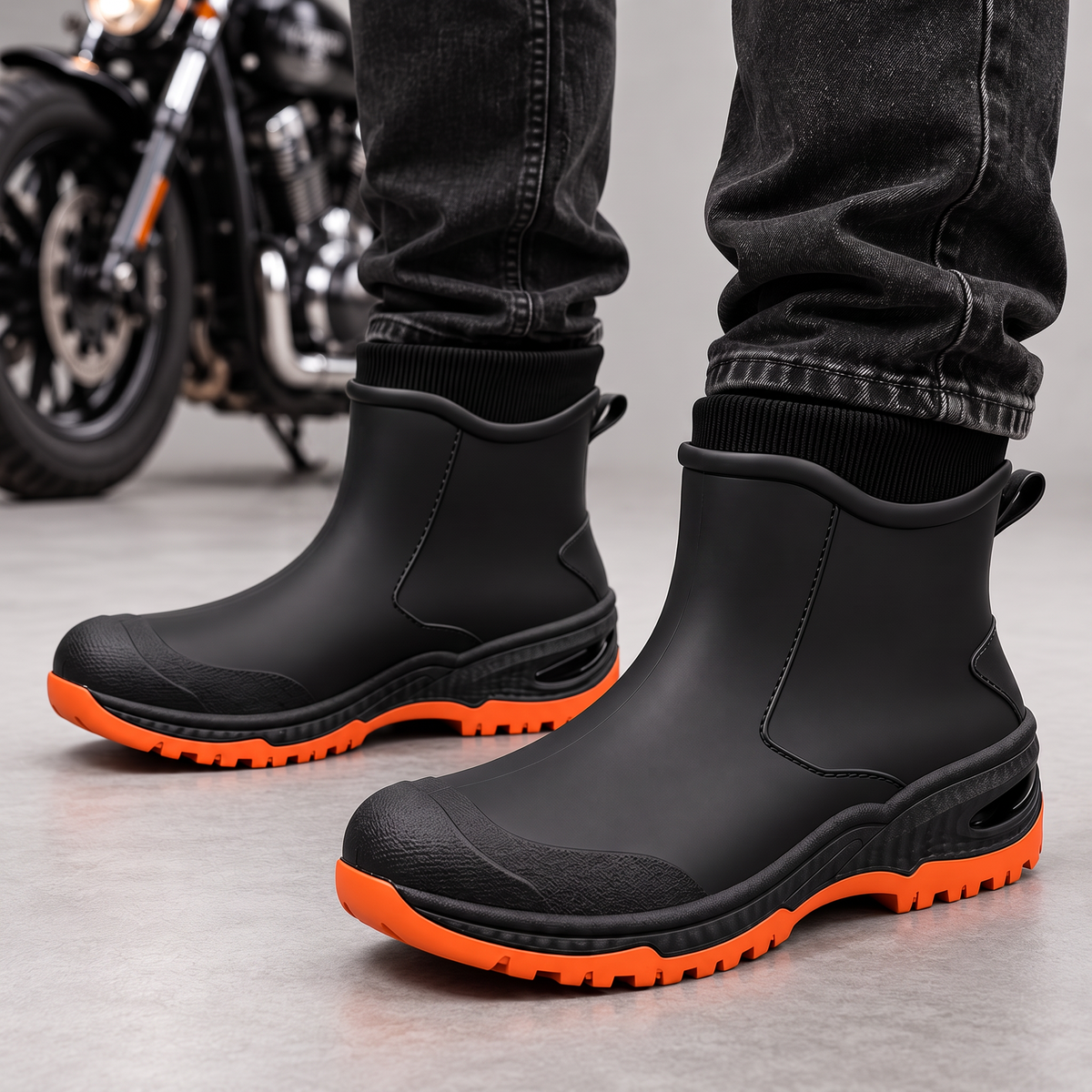Zwarte enkelhoge regenlaarzen met oranje profielzool, gedragen door een persoon | Boutique Moda