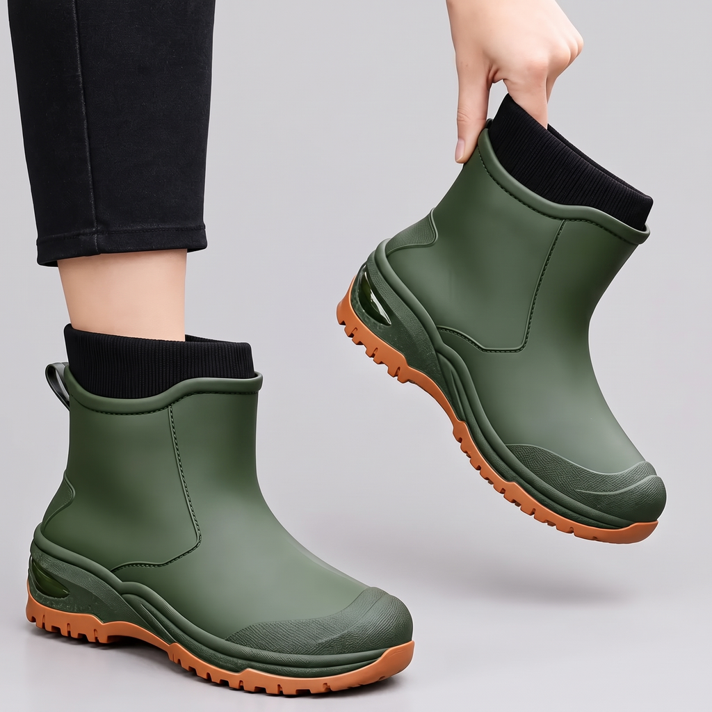 Groene enkelhoge regenlaars met zwarte voering, één laars gedragen, één vastgehouden | Boutique Moda