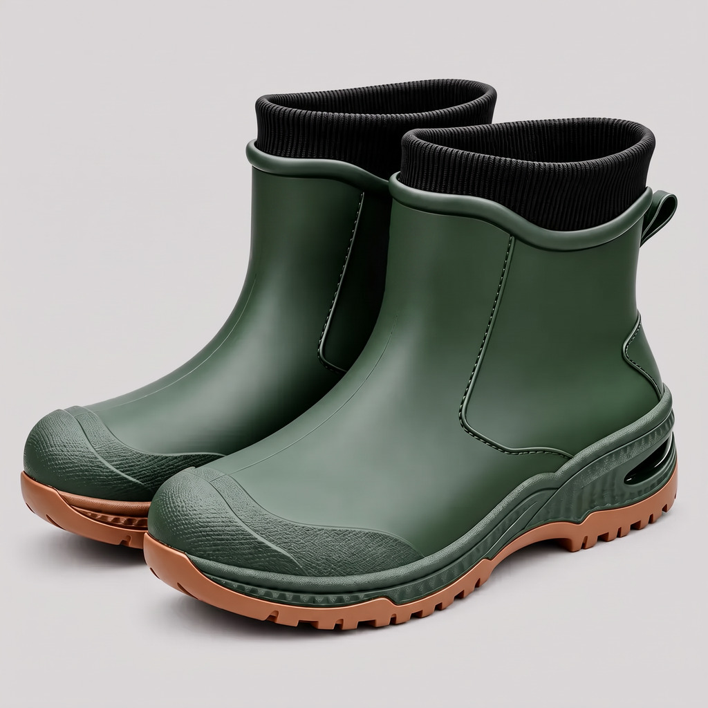 Groene enkelhoge regenlaarzen met zwarte voering en bruine geprofileerde zool | Boutique Moda