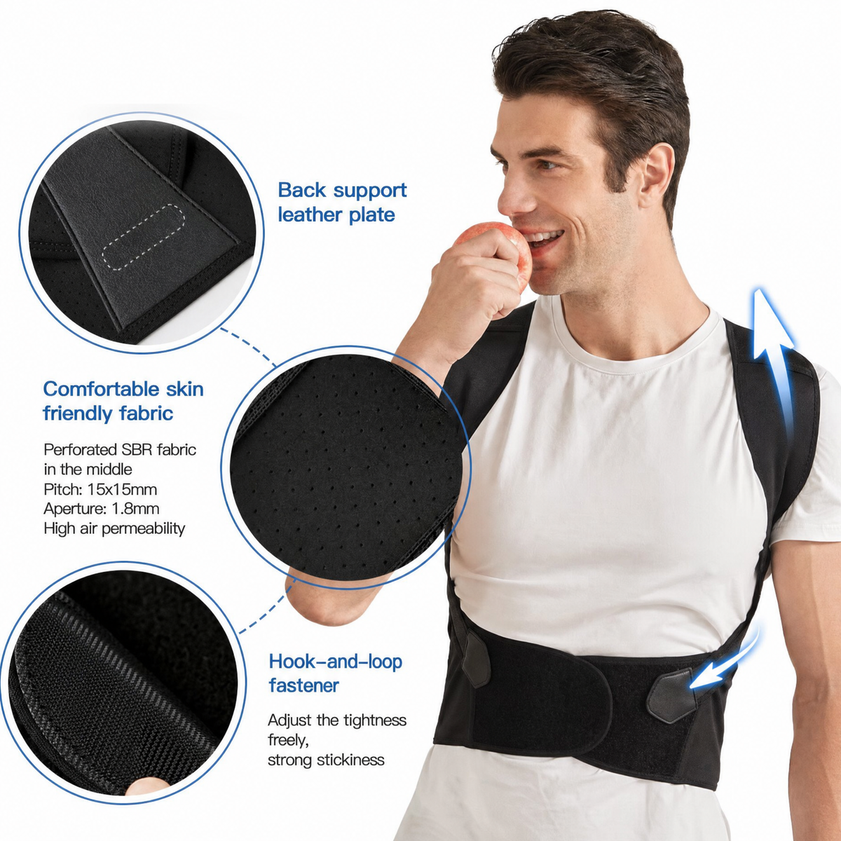 Zwarte houdingcorrector met klittenband, gedragen door man over wit shirt | Boutique Moda