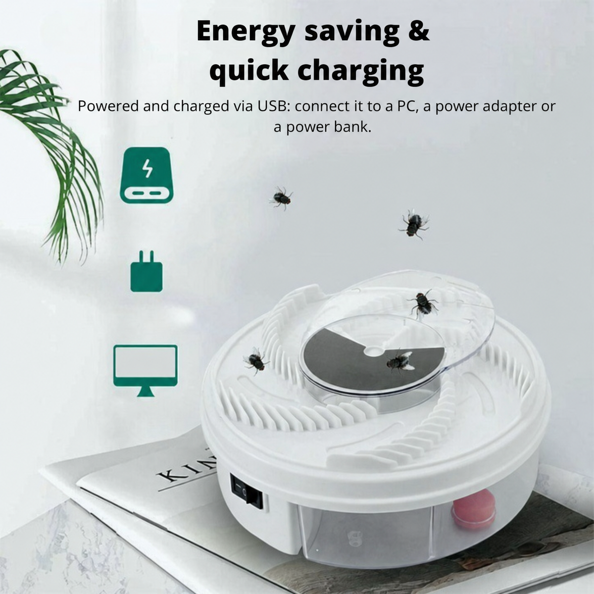 Wit ronde elektrische vliegenvanger met USB-oplaadkabel op tafel | Boutique Moda