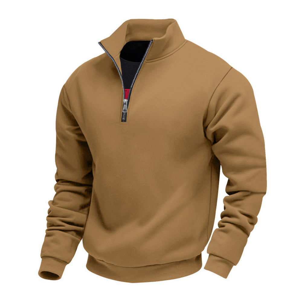 Camelkleurige gevoerde trui met metalen rits en geribde boorden, productfoto | Boutique Moda