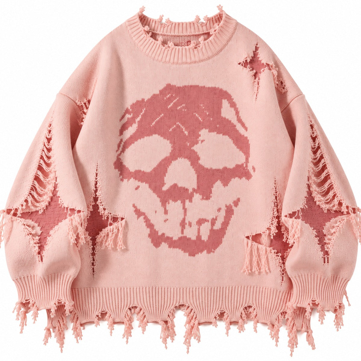 Oversized distressed trui met skullmotief in roze, plat neergelegd